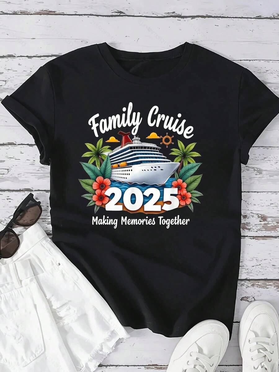 White T-Shirts, Family Cruise Ship Vacation Trip 2026, Matching Family T-Shirts, Cruise Gift, Women's Short Sleeve Crew Neck T-Shirt, Fashion Graphic T-Shirts For Women - 黑色 - 查看 1
