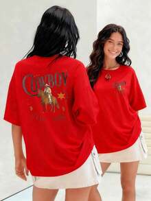 Cowboy Riding A Horse, With A Sheriff's Star, Women's T-Shirt, 100% Cotton, Shows The Spirit Of The American West Reflected In His Clothing And Surroundings. Suitable For Spring, Summer And Autumn - 紅色 - 查看 1