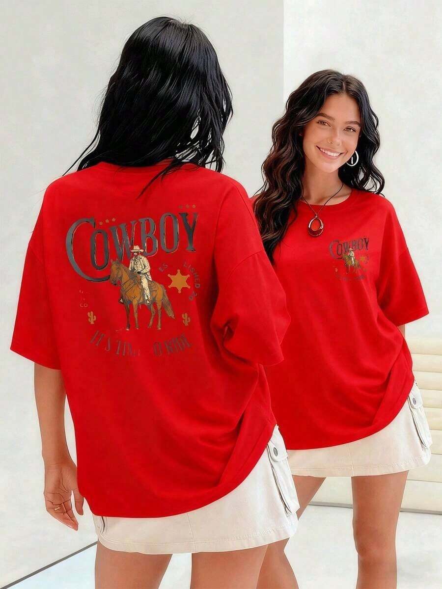Cowboy Riding A Horse, With A Sheriff's Star, Women's T-Shirt, 100% Cotton, Shows The Spirit Of The American West Reflected In His Clothing And Surroundings. Suitable For Spring, Summer And Autumn - 紅色 - 查看 1