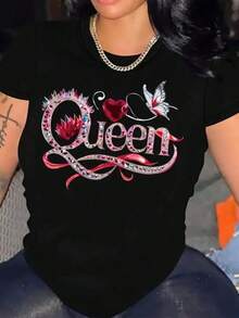 Sexy Women's Fitted T-Shirt With Glitter Print, Letters, Butterfly, Heart, Chain, Round Neck, Short Sleeve, Summer Party, Daily Wear - 黑色 - 查看 6