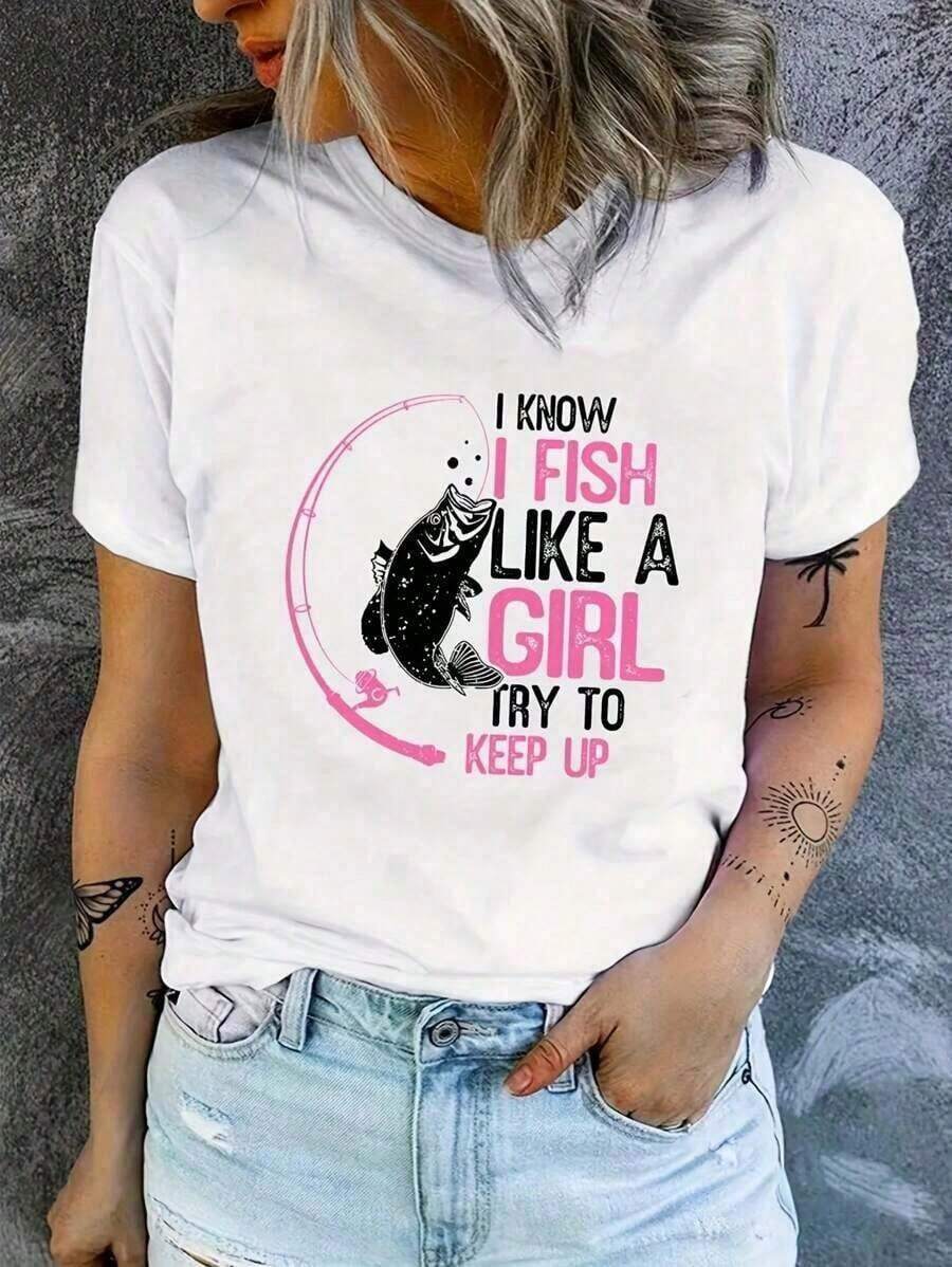 Women's Graphic Fishing T-Shirt - "I Know I Fish Like A Try To Keep Up" Design, 100% Breathable, Short Sleeve, Crew Neck, Perfect For Casual Spring And Summer Wear, Clothing For Fishing Enthusiasts | Crew Neck T-Shirt | Fabric T-Shirt, Fishing Gear - Casual Short-Sleeve Crew Neck T-Shirt, Loose Fit, Soft And Breathable Fabric, Perfect For Holiday Parties And Gifts. Suitable For Spring, Summer, And Autumn. - 白色 - 查看 1