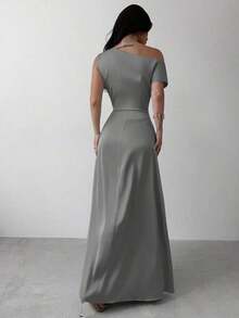 Vestido elegante asimétrico de hombro con pliegues y bajo de cola de sirena en color verde, adecuado para citas, vacaciones, bodas, eventos, regreso a la escuela, graduación, vestido de dama de honor formal, vestidos elegantes para mujer - Gris - Ver 2