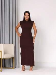 Women's Long Musclete Style Dress With Ribbed Sleeves, Muscle Fashion, Brown, With Side Slit And Functional Pockets, Straight Cut And Great Fit, Ideal For Winter - 咖啡棕色 - 查看 1