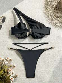 Conjunto de bikini para mujer, uso casual y sencillo para el verano - Negro - Ver 5
