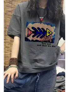 Camiseta con estampado de camisa casual para mujer, manga corta y cuello redondo, moda urbana local de primavera/verano camiseta unisex. H4ZO - Gris Oscuro - Ver 4