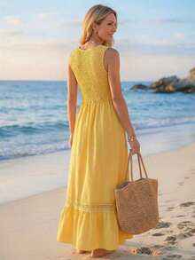 Vestido largo de encaje y parches casual para mujer, vestido de verano largo para mujer, ropa de verano, vestido de playa, atuendos de playa para mujer, vestidos casuales para mujer, vestidos casuales, vestidos largos casuales, atuendos de vacacio - Amarillo - Ver 2