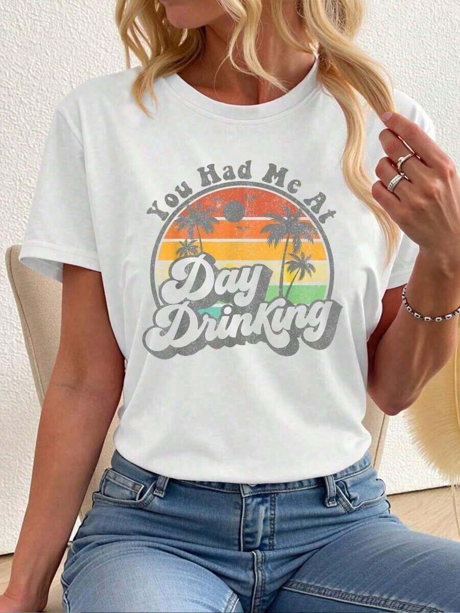 Women's Retro Summer T-Shirt With The Phrase 'You Had Me At Day Drinking', Funny, For Beach, Summer Gift, Casual Short Sleeve Crew Neck T-Shirts For Women, Plus Size, Concert Wear, Graduation Season Wear - 白色 - 查看 1