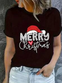 New 2026 Camiseta de moda femenina con estampado de Feliz Navidad, de manga corta, cuello redondo, fabricada en poliéster, tejido de punto, para todas las estaciones. Mujer casual estampado navideño holgada cuello redondo manga corta primavera verano para fiesta camiseta - Negro - Ver 6