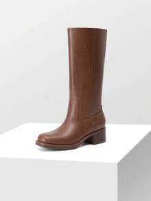 Women's Mid Calf Riding Boots Square Toe Retro Banana Boots Chunky Block Heel Pull-On Fashion Boots - Brown - View 3
