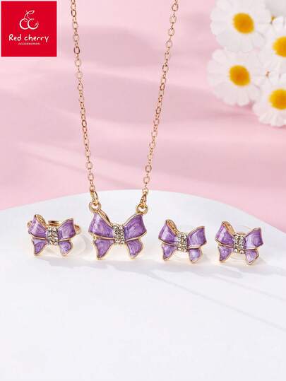 4pcs/Set Girls Cute Cartoon Fashion Elegant Vacation Style Enamel Butterfly Jewelry Set: 1 Necklace, 1 Ring, 1 Pair Earrings, Suitable For Daily Wear, Gifts, Holidays