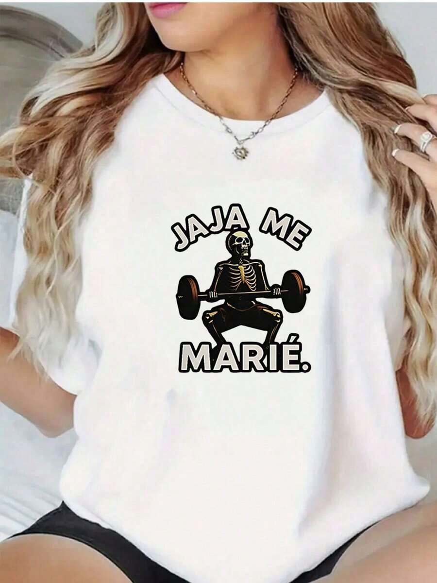 1 Beautiful Women's Blouse, Women's Clothing Sets, 180G Black And White T-Shirt With JAJA ME MARIE Print, High Quality, Printed, Round Neck, Basic Loose Fit, Breathable, Machine Washable, Comfortable Size S~3XL, Casual Daily Essential For Summer Sports. Lightweight And Breathable - 白色的 - 查看 1