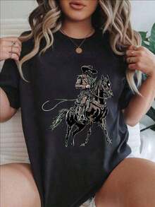 Vintage Women's Clothing "Cowboy Lasso" Fashionable Printed Casual T-Shirt Suitable For All Seasons
Women's White Shirt Top Women's T-Shirts > Basic - 黑色 - 查看 7