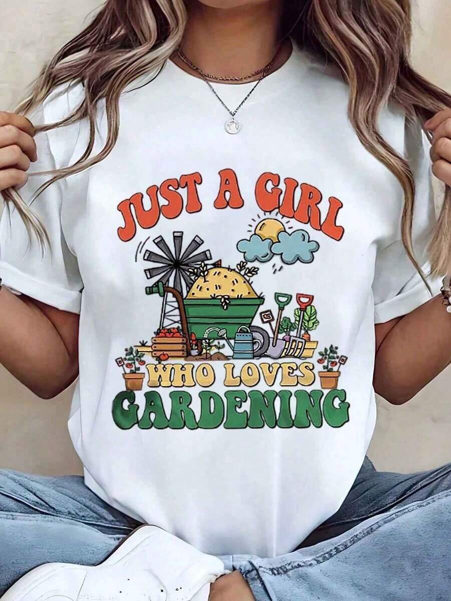 Designed For Modern, Stylish, And Comfortable Women. This T-Shirt Features A "Just A Girl Who Loves Gardening" Print, A Crew Neck, And A Casual Style, Making It An Ideal Gift For Gardening Enthusiasts. Made From Premium Soft And Breathable Fabric (220g), It's Designed For All-Day Comfort And Versatile Everyday Wear, Perfect For Casual Outings. - 白色 - 查看 1