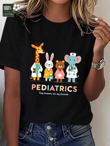 Pediatric T-Shirt With Cartoon Design, Animals And Women, Comfortable Fit - 黑色 - 查看 1