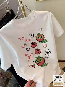 Women's Midi-Length Short-Sleeved T-Shirt With Cartoon Tomato And Heart Print, Minimalist Slimming Loose Design, Casual White Summer T-Shirt For Women. - 白色 - 查看 6