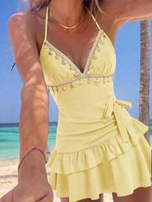 MOD Collar con colgante de concha, vestido casual mini para el verano - Amarillo - Ver 9
