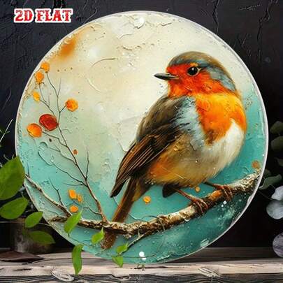 2D Flat, 1pc Vintage Redbird With Branch Metal Wall Decor - 7.8 Inch Round Rustic Style Turquoise And Gold Leaf Design, Lightweight Aluminum Retro Farmhouse Sign, Suitable For Home, Cafe, Restaurant - Includes Easy Installation Hardware, Spring Bird Indoor/Outdoor Decoration, 2D Flat Effect, Durable 0.15 Inch Thickness, Frameless, Multipurpose Retro Style, Suitable For Garage Or Garden, Farmhouse Country Decor, Aluminum Wall Art, Metal Art Wall Decor, 2D Flat (Hole Positions Random)