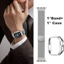Magnetic 1 Band And 1 Case Compatible For Apple Watch Band Strape 40mm 41mm 38mm 44mm 45mm 46mm 42mm 49mm Women/Men,Stainless Steel Milanese Loop Bracelet Strap With Cover Combo Series 11 10 9 8 7 6 5 4 SE Ultra/2 3 S11 - Silver - View 2