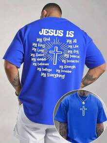 Men's Classic Graphic T-Shirt, Jesus Cross, Faith, Everyday Wear, 100% Cotton, Unisex, Gift Idea For Him Or Her, Religious Clothing, Spiritual Clothing, Christian T-Shirt, Comfortable Design, Casual Style, Summer T-Shirt - 藍色 - 查看 7