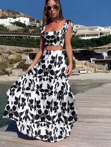 Women's Two-Piece Set With Floral Print Crop Top And Maxi Skirt, Halter Neckline, High Belt, Lightweight And Breathable Fabric Ideal For Beach, Vacation And Summer, Boho Chic Style Perfect For Beach Parties And Resorts - 黑與白 - 查看 2