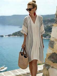 Holidaya Vestido de verano casual, holgado, de manga corta y cuello en V a rayas para mujer - Amarillo - Ver 8