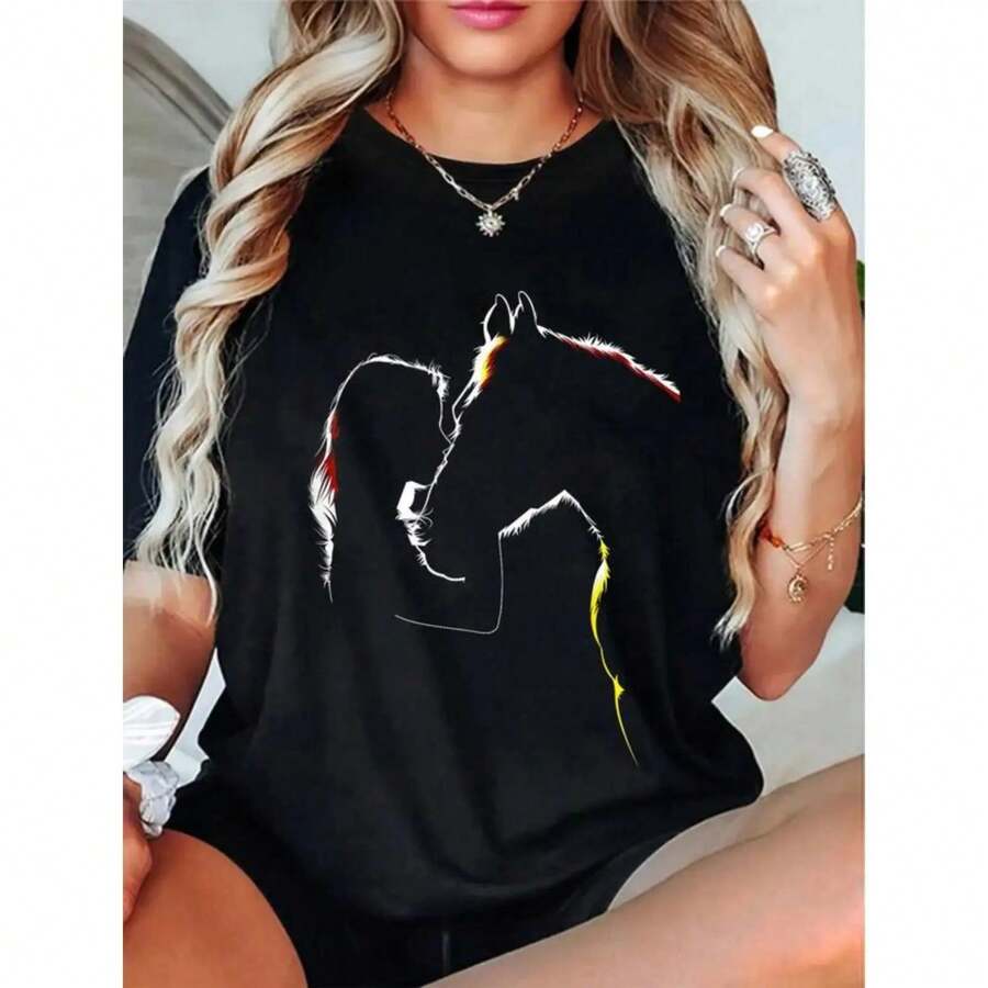 Camiseta de algodón 100% para damas con diseño de caballo - Regalo relacionado con los caballos - Negro - Ver 1