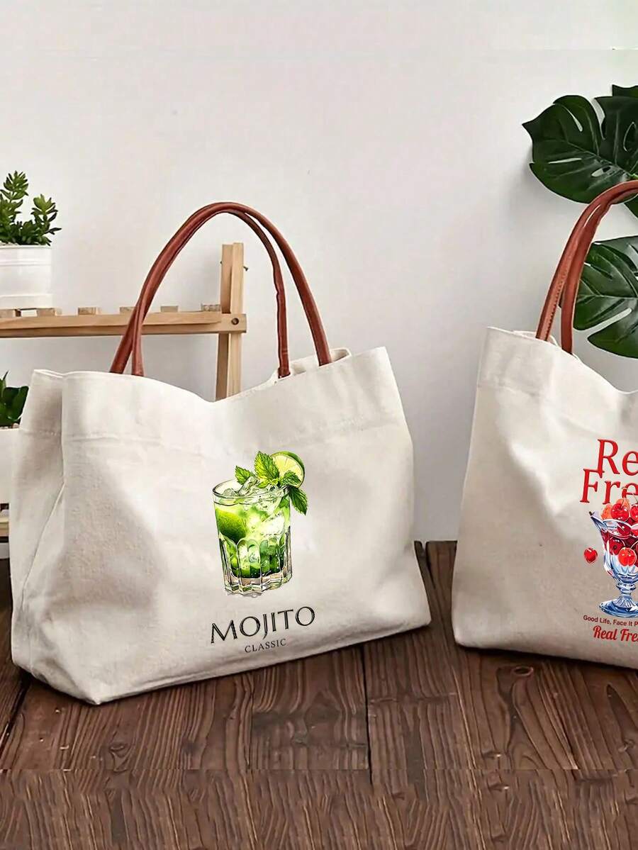 Vibrant Lemon Pattern Printed Tote Bag, Reusable Printed Women's Tote Bag, Double Handle Shopping Book Bag, Large Capacity Shoulder Bag, Casual Commute - Multicolor - View 1