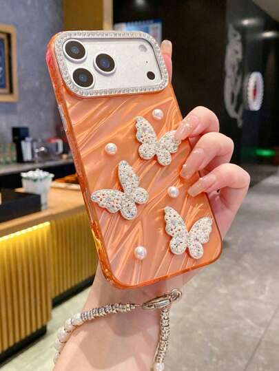 1pc Orange 3D Pearl Bow Phone Case For IPhone Protective Case Anti-Fall With Bracelet Fashion Phone Case