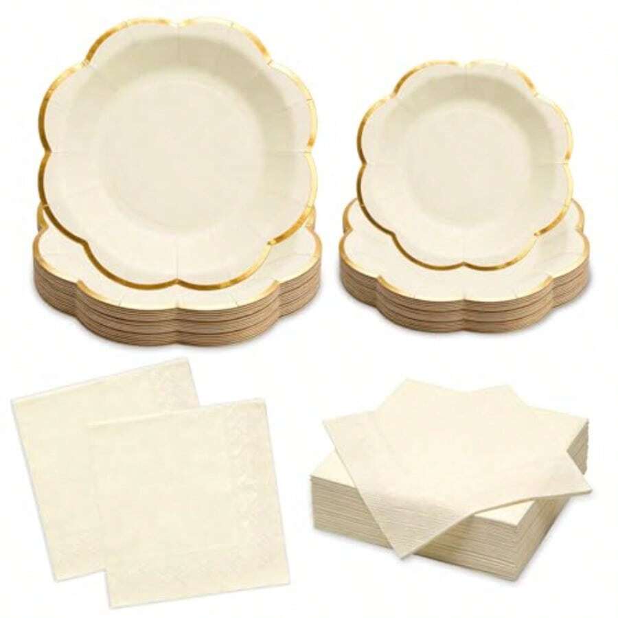 Platos y servilletas s para fiestas de 20 invitados, platos de papel festoneado con borde dorado, elegante juego de vajilla desechable para cumpleaños, baby shower, boda, novia y fiesta - blanco - Ver 1