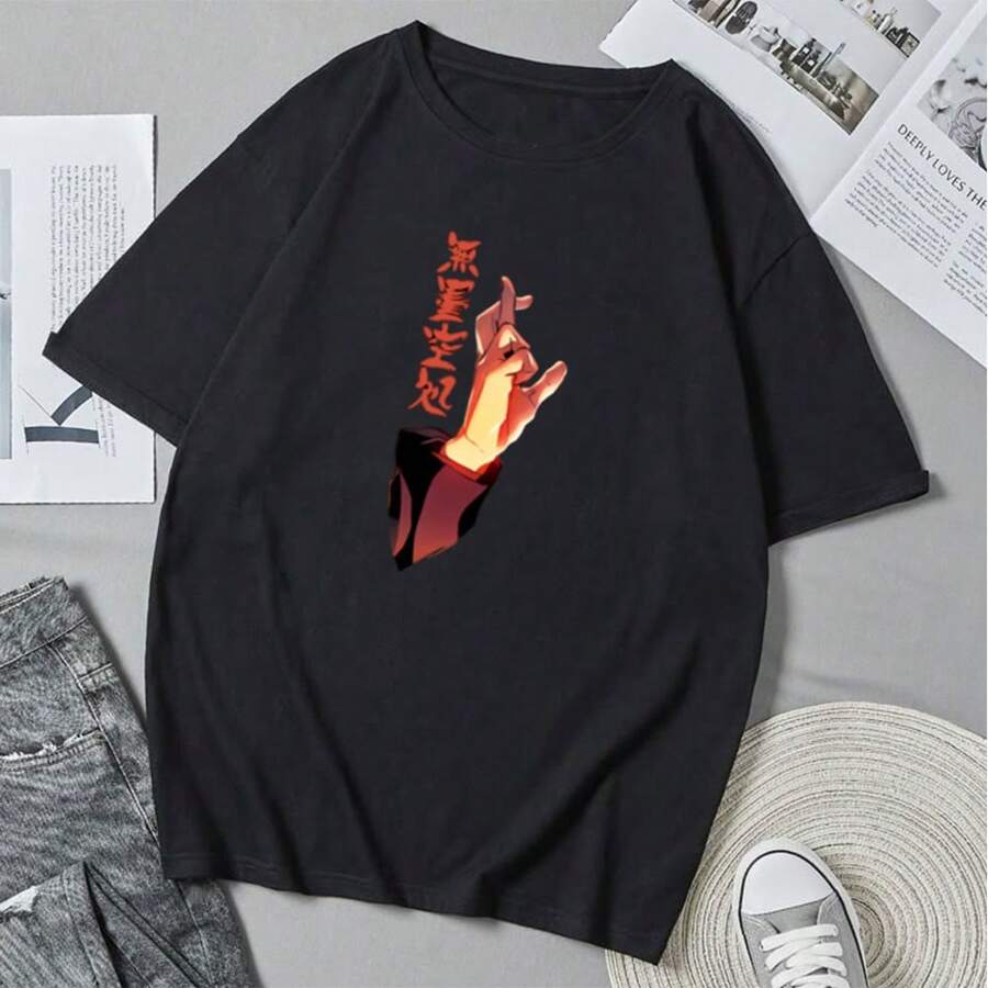 Camiseta unisex con estampado de dibujos animados de anime, divertida y casual para el verano, con cuello redondo. - Negro - Ver 1