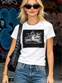 Women's Sets 2026 Women's Casual Short Sleeve Crew Neck T-Shirt, Graphic Eye Print With "Stay Independent" Slogan, Urban Hip Hop Style, Regular Fit, Everyday Top For All Seasons, Matching Denim Set, Cool T-Shirts For Women - 白色 - 查看 7