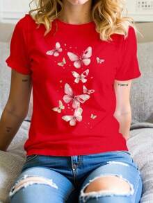Playera básica mujer dama cuello redondo manga corta estampado grafico DE MARIPOSAS MARIPOSA BUTTERFLY graphic Textura Suave Fortiz2026 - Rojo - Ver 1