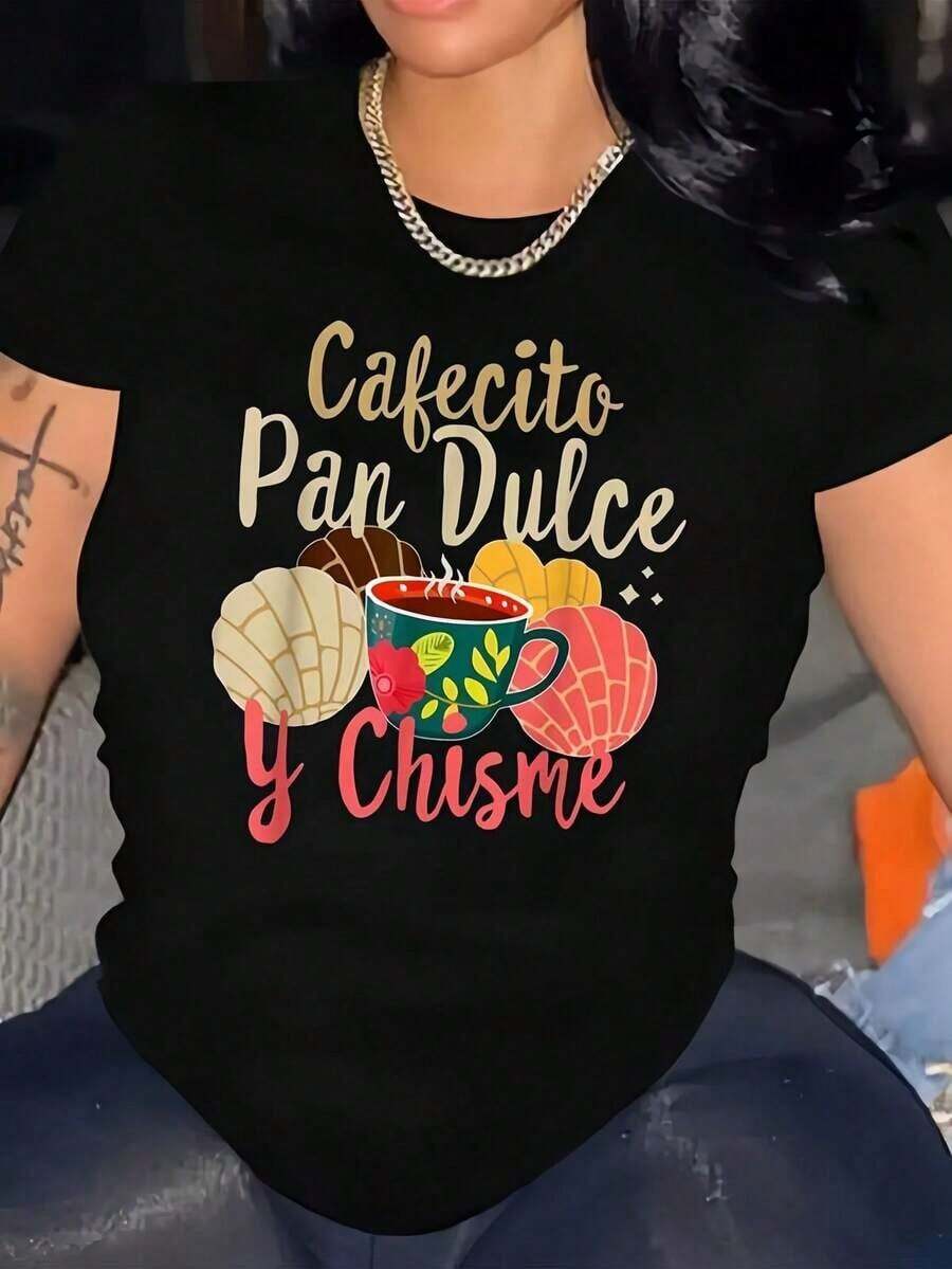 Camiseta estampada con diseño de Café Concha Mexicano, Cafecito, Pan Dulce y Chisme para el verano, suave, de manga corta para mujer, moderna y cómoda, con cuello redondo, estampada, informal para uso diario, son excelentes regalos para amigos y familiares, 100% algodón. - Negro - Ver 1