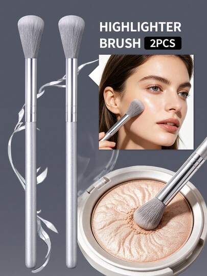 2pcs Silver Super Soft Highlighter Brush, Makeup Brush, Powder Brush, Blush Brush, Multi-Functional Nose Contour Brush, Portable Makeup Tool