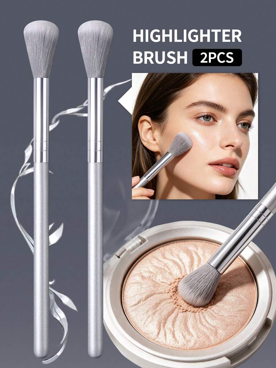 Bộ 2 cọ trang điểm siêu mềm màu bạc, cọ đánh highlight, cọ đánh phấn phủ, cọ đánh má hồng, cọ tạo khối mũi đa năng, dụng cụ trang điểm cầm tay tiện dụng. - Bạc - Xem 1