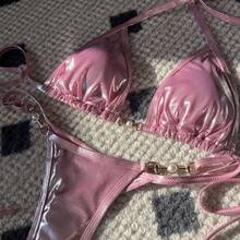 Nuevo y sexy traje de baño de bikini con tanga de perlas brillantes. - Dorado - Ver 3