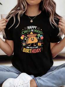 Camiseta de manga corta con cuello redondo para mujer, estampado gráfico de la Fiesta de Mayo 5, Carnaval Mexicano, NÓDULO, FELIZ CINCO DE MAYO Y SÍ ES MI DÍA DE NACIMIENTO, ideal para compras casuales, regalo de vacaciones, reunión de amigas, outfit de vacaciones - Negro - Ver 5