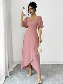 YHHRafferiza Vestido de mujer con cuello cuadrado francés, con volantes en capas adelgazantes, manga corta. Vestido vintage con diseño de botones y bajo asimétrico, elegante para ir al trabajo, citas, vacaciones y salidas.YHH - Rosa vieja - Ver 3