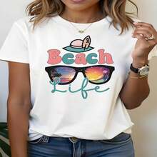1 pieza clásica y versátil, camiseta de manga corta de algodón puro con estampado temático para playa y vida diaria, ideal para usar en todas las estaciones. Estilo moderno - Blanco - Ver 2