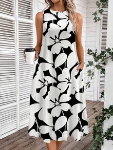 Vestido casual de mujer con estampado floral de cuello redondo y longitud media, adecuado para primavera/verano, apropiado para salir, vestido elegante, casual - Multicolor 2 - Ver 5