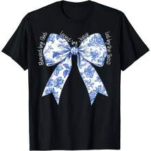 Casual Round Neck Short-Sleeve Cotton T-Shirt, Blessed By God Loved By Jesus Blue Toile Coquette Bow Sports Outerwear Top - Negro - Ver 1
