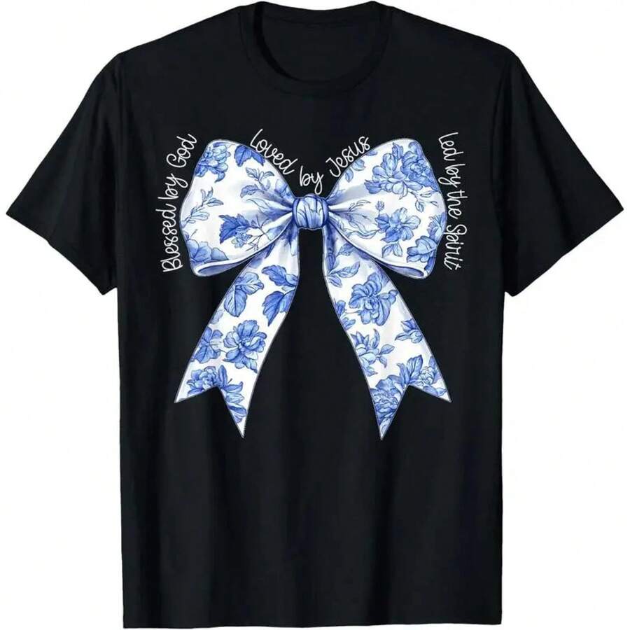 Casual Round Neck Short-Sleeve Cotton T-Shirt, Blessed By God Loved By Jesus Blue Toile Coquette Bow Sports Outerwear Top - Negro - Ver 1