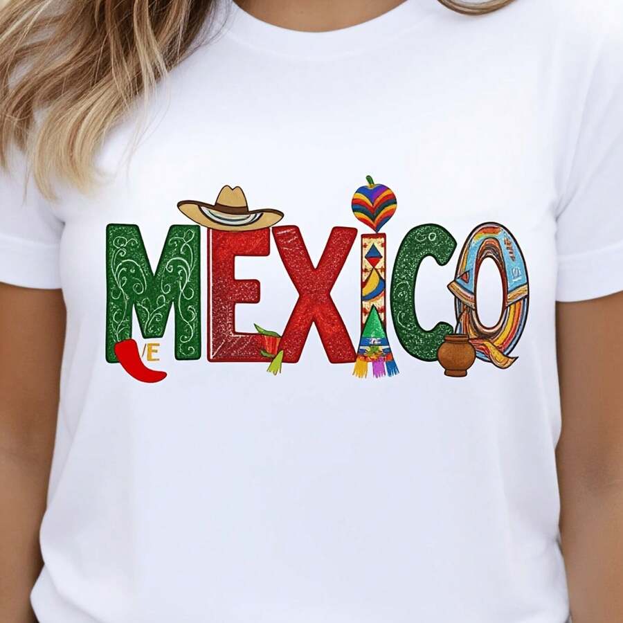 Women's Graphic Tee With A Mexican Theme, Vibrant Colors, And Traditional Elements, Perfect For Cultural Celebrations And Everyday Wear. Casual, Loose-Fitting, Slightly Oversized Design. - 白 - 查看 1