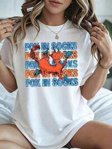 Elegant And Casual Women's Short-Sleeved Fox Print T-Shirt With Socks For Halloween, White Casual Wear For Autumn And Winter. - 白色 - 查看 8