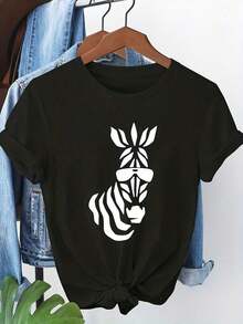 1 Piece Of Short Sleeve T-Shirt With Zebra Design From The Animal Series - Casual Round Neck T-Shirt 80% Cotton With Stylish Glasses Design, Machine Washable, Suitable For Spring, Summer And Autumn Wear, 180g 100% Cotton. - 黑色 - 查看 6