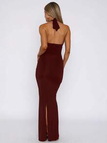 Vestido largo sin mangas cuello V ajustado con lazos espalda descubierta estilo europeo elegante verano para mujer - Burdeos - Ver 2