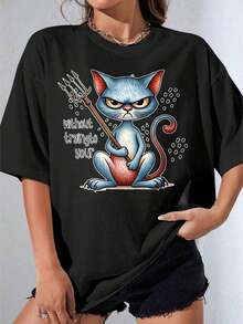 Camiseta Blanca y Negra para Mujer con Estampado de Gato Lindo con Tridente, Camiseta Blanca con Gato Divertido Sosteniendo una Hoz, Ropa Casual para Mujer, Conjuntos de Verano, Top de Moda Urbana, Camiseta Estampada Casual para Fiestas al Aire Libre, 180g - Negro - Ver 7