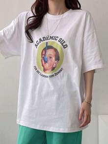 Camiseta Casual de Mujer con Cuello Redondo, Corte Holgado y Estampado Gráfico, Blusas Bonitas de Estilo Vintage Urbano, Camiseta Unisex de Algodón de Manga Corta y Cuello Redondo. blusas.blusas casuales para dama. - Blanco - Ver 3