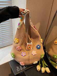 Novo Lançamento de Verão Estilo de Férias Moda Casual Bolsa de Palha, Bolsa de Ombro de Grande Capacidade para Compras de Mulheres - Caqui - Visão 9