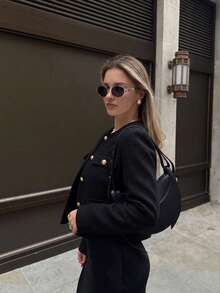 2026 New Short Jacket - Wool Texture, Round Neck, Gold Buttons, Flap Pockets Black - Black - View 2